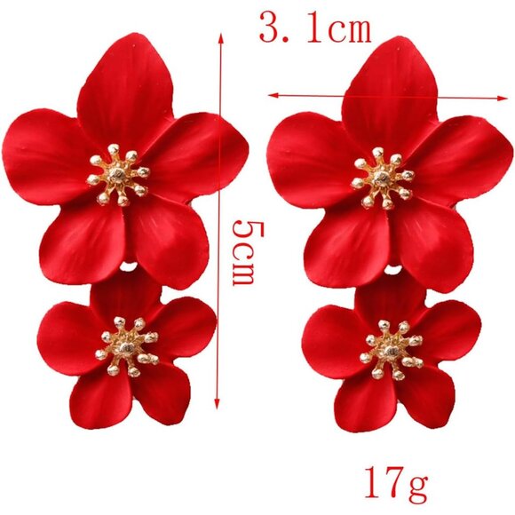 Women's White Elegant Double Flowers Dangle Layered Floral Petal Drop Earring - Picture 5 of 6